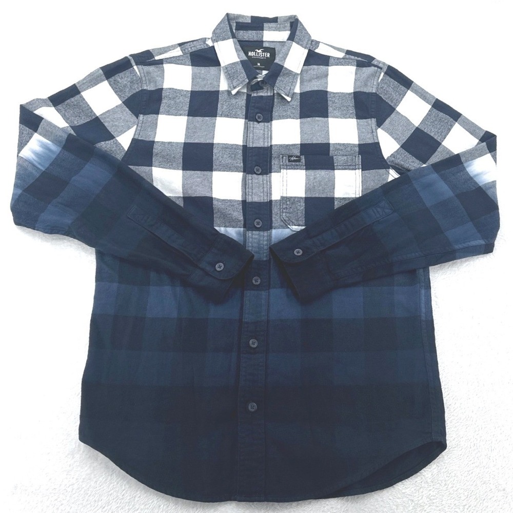 Hollister Mens Flannel Shirt M Blue Ombre Buffalo Plaid‎ Long Sleeve Button Down